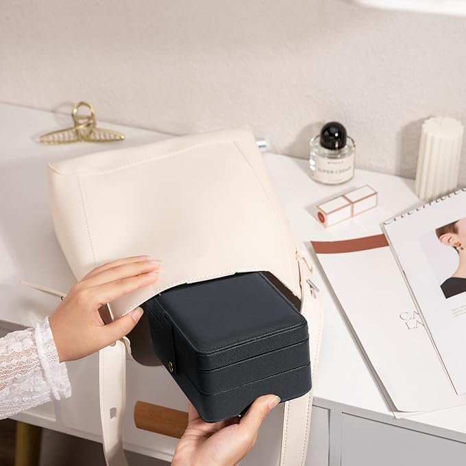 Travel Jewelry Organizer, PU Leather Small Jewelry Organizer for Women Girls, 2 Layers Portable Travel Jewelry Case for Stud Earrings, Rings, Necklaces, Bracelets(Black+Small)