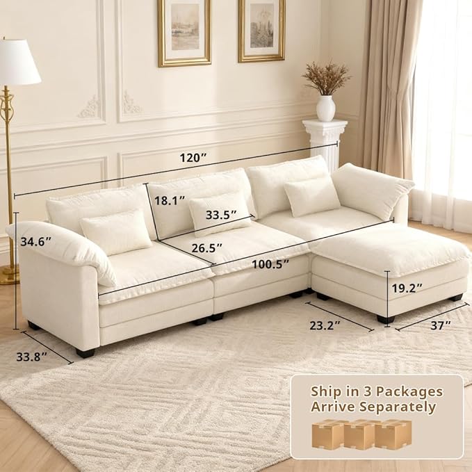 COMHOMA 120" L Shaped Sectional Sofa with Movable Ottoman,Comfy Cloud Modular Couch with Throw Pillows,Modern Chenille Deep Seat Sofa Couches for Living Room,Beige