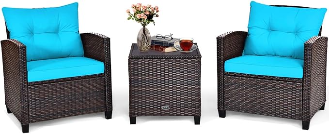 Tangkula 3 Pieces Patio Furniture Set, PE Rattan Wicker 3 Pcs Outdoor Sofa Set w/Washable Cushion and Tempered Glass Tabletop, Conversation Furniture for Garden Poolside Balcony (Turquoise)