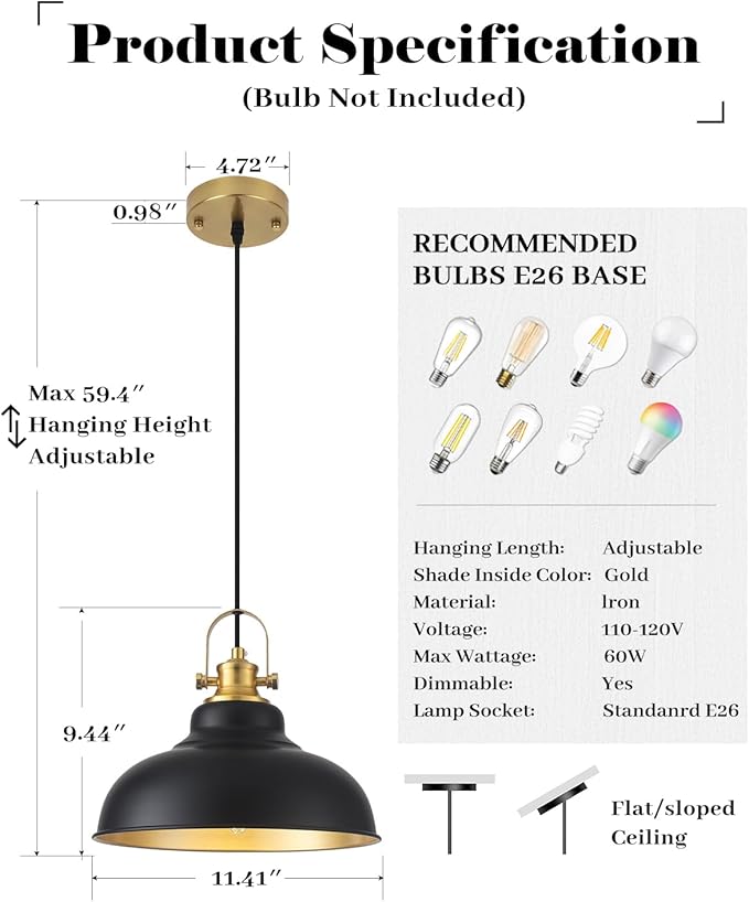 Black and Gold Pendant Light, 11.41 Inch Industrial Pendant Light Kitchen Island, Farmhouse Pendant Lights 2 Packs, Island Pendant Lights for Kitchen, Dining Room, Living Room