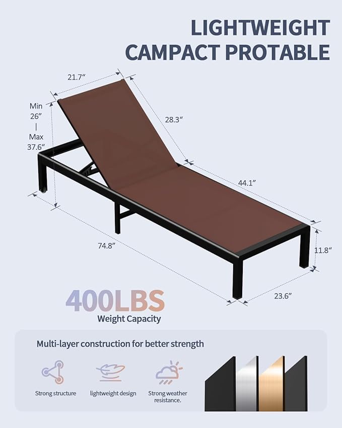 Aluminum Lounge Chairs Outdoor Chaise Furniture,2 Sets Patio Metal Deck Lounger Adjustable 5-Position Poolside Chase Recliner with Wheels for Beach,Coffee Table, (Brown, 2 Chair＋Table)
