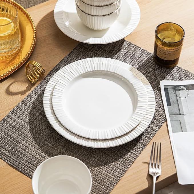 MDZF SWEET HOME 24-Piece White Ceramic Dinnerware Set - Rhine Series, Service for 6, Includes Bowls, Flat & Deep Plates, Microwave & Dishwasher Safe