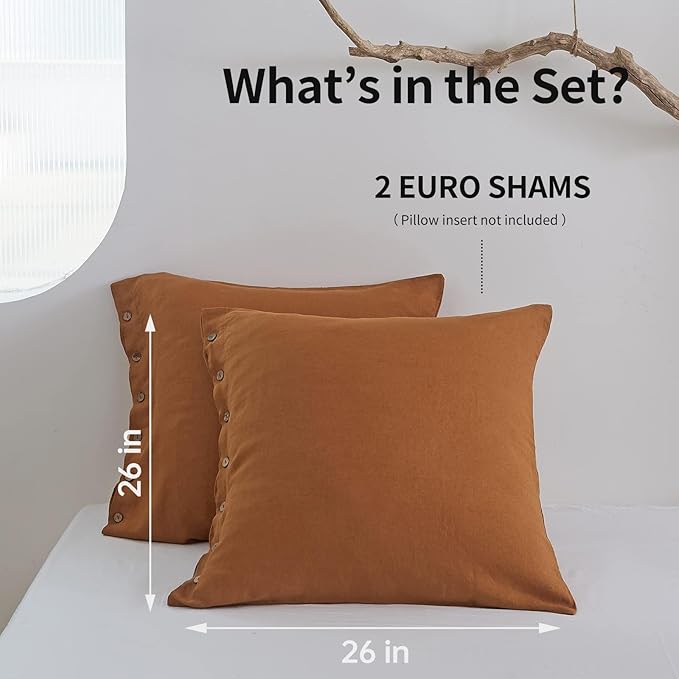 Simple&Opulence 100% Washed Linen Euro Sham Cover, 26 x 26 Inch, Decorative Bed Fall Pillow Cover with Coconut Button, Solid Color Pillow Shams Set of 2 (Rust)