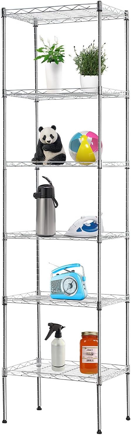 PayLessHere 6-Tier Adjustable Metal Storage Shelves - Max Load Capacity 600 lbs - Easy Assembly - 12" W x 17" D x 64" H NSF Certified - Versatile for Various Uses,Chrome
