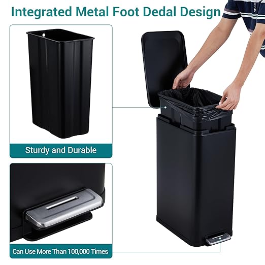 13.2 Gallon / 50L Kitchen Trash Can, Slim Stainless Steel Garbage Can with Removable Inner Bucket, Fingerprint-Proof Step Rubbish Bin with Soft-Close Lid for Narrow Space, Black