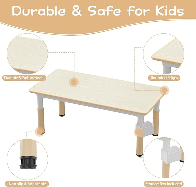 GarveeHome Kids Table and 6 Chairs Set, Height Adjustable Toddler Table and Chair Set, Graffiti Desktop, Children Study Play Dinner Table for Home Daycare Preschool for Ages 2-8, Beige