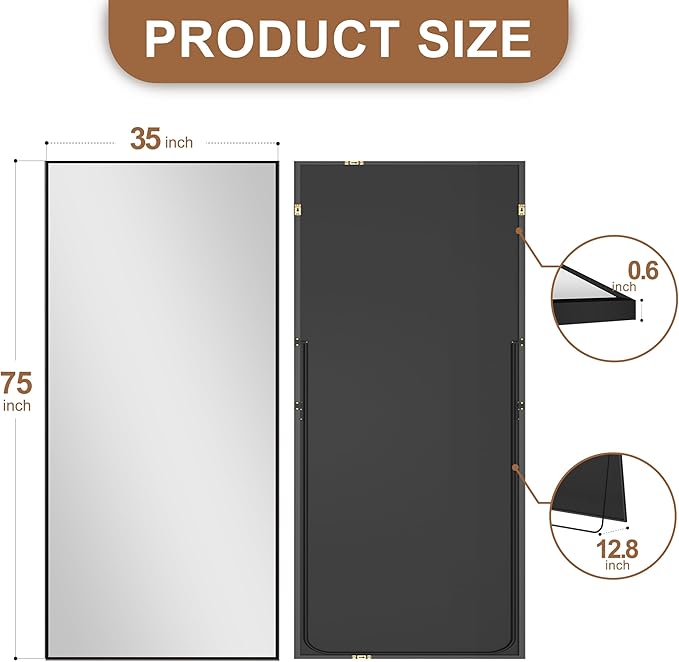 Delma Full Length Standing Mirror,Large Floor Mirror with Aluminum Frame for Bedroom, Bathroom, Living Room,Wall Mount or Freestanding Design(with Stand,Rect 75x35-Black)