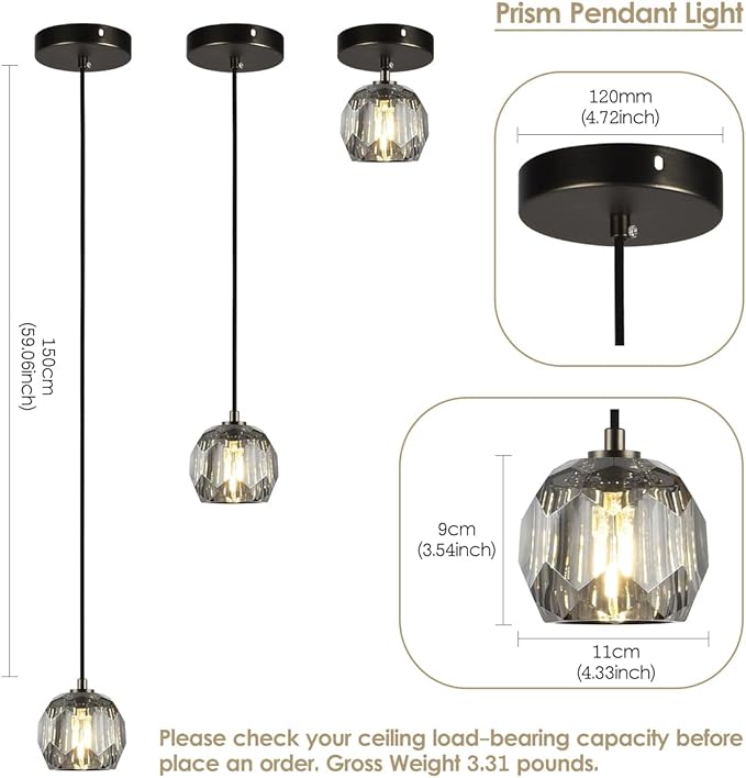 Crystal Pendant Light Fixture, Modern Black Pendant Light Kitchen Lighting, Small Crystal Pendant Island Hanging Light for Kitchen Dining Room