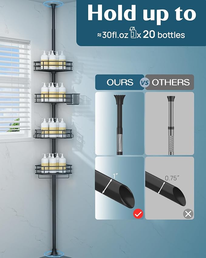 SEIRIONE Corner Shower Caddy Tension Pole, Quick Setup, Rust-Free Bathroom Shower Organizer Corner for Bathtub Shampoo Storage, 4-Tier Adjustable Shelf, Drill Free, Fits 39 to 113 Inch Height, Black