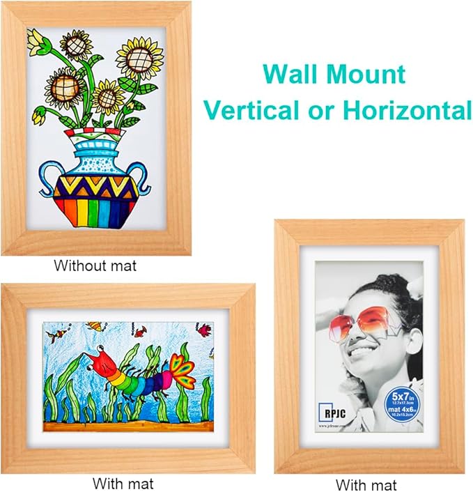 RPJC 5x7 inch Picture Frame Made of Solid Wood and High Definition Glass Display Pictures 4x6 with Mat or 5x7 Without Mat for Wall Mounting Photo Frame Natural