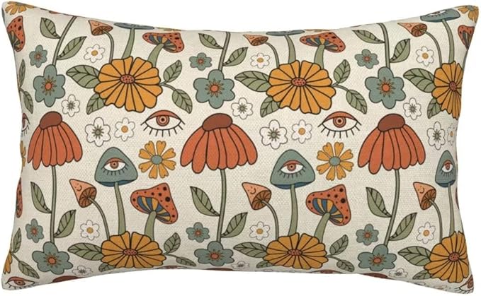 BETGINY Boho Throw Pillow Covers 12x20 Set of 2, Yellow Orange Fun Cute Mushrooms Retro Decorative Outdoor Pillow Covers 70s Vintage Floral Linen Farmhouse for Couch Sofa Summer Home Decor