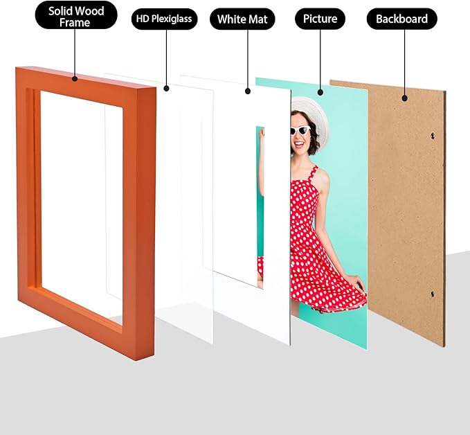 KINLINK 6x8 Picture Frame Orange, Solid Wood Frames with Acrylic Plexiglass for Pictures 4x6 with Mat or 6x8 without Mat, Tabletop and Wall Display Photo Frame, Set of 4