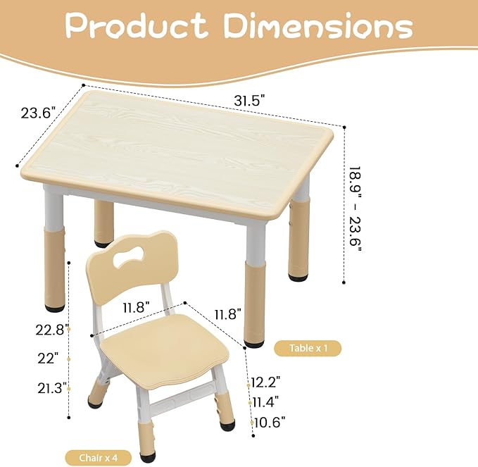 GAOMON Kids Table and 4 Chairs Set, Height Adjustable Toddler Table and Chairs Set for Ages 2-10, Graffiti Desktop, Non-Slip Legs, Children Table for Daycare Home