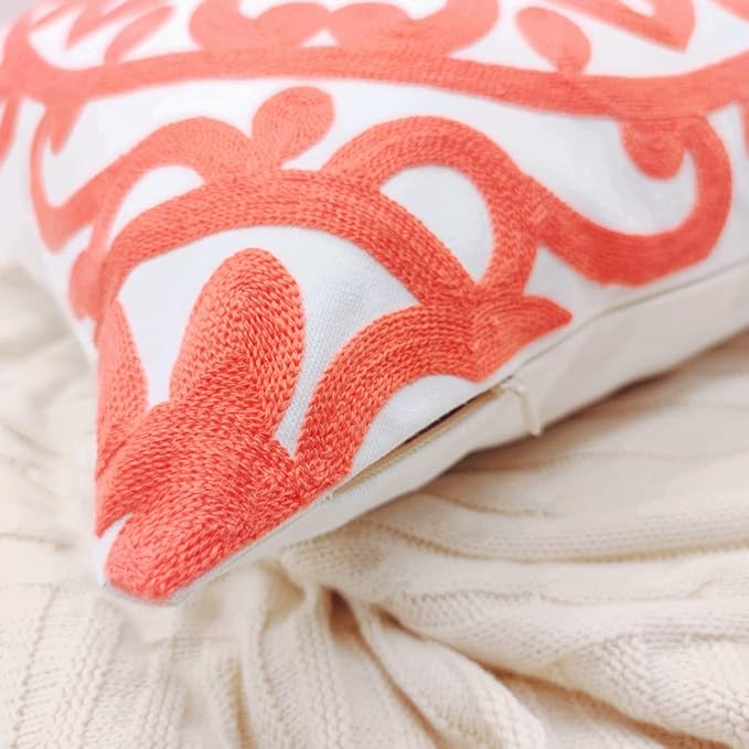 Alysheer Embroidered Decorative Throw Pillow Covers 18"x18" Set of 2pcs, Classic Boho Mandala Knit Pattern Cotton Canvas Cozy Cushion Cases for Sofa Couch Living Room (Coral Peach)