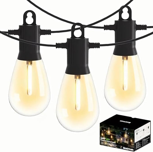 Outdoor String Lights 50 ft, LED Patio Lights with 16（15+1 Spare S14 Shatterproof Bulbs, IP65 Waterproof, Outside Hanging Light for Cafe Bistro Backyard