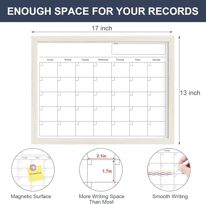 Calendar Whiteboard for Wall, 17x13 Inches Dry Erase Calendar for Wall, Small Magnetic Monthly White Board with Wood Framed, Hanging Dry Erase Board for Kitchen Home Office School Planner