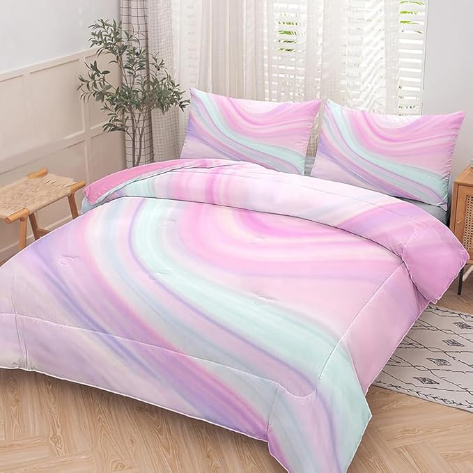 Tailor Shop Kids Comforter King Size,Pink Girls Bedding Tie Dye Comforter Teen Girl Pink Comforter,Blue Purple Bedding Bright Girly Tie Dye Bedding with 2 Pillowcase…