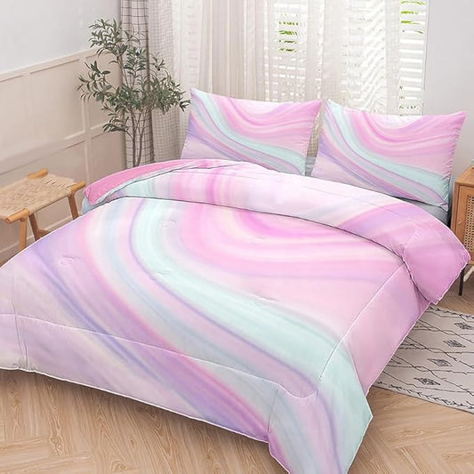 Tailor Shop Girls Comforter Twin Size, Pink And Purple Tie Dye Bedding With 2 Pillowcases