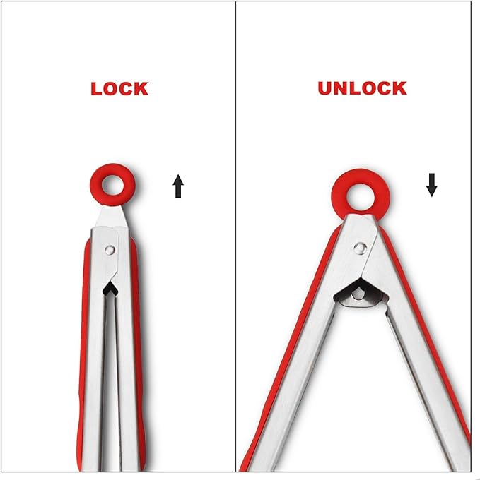 Premium 304 Stainless Steel Barbecue Turners, Heavy Duty Non-Stick BBQ Cooking Kitchen Tongs, 9" and 12" Red