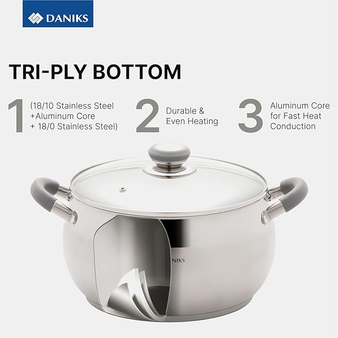 Daniks Modern Stainless Steel Stock Pot with Glass Lid – Induction 7 Quart, Dishwasher Safe, Heatproof Handles, For Soup, Pasta, Stew, Silver