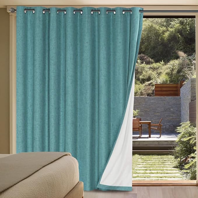 H.VERSAILTEX Linen Blackout Curtains Durable Thick Textured Linen Look 100% Blackout Patio Door Curtain Anti Rust Grommet Extra Wide Sliding Door Curtain Panel, W100 x L84 inch - Teal