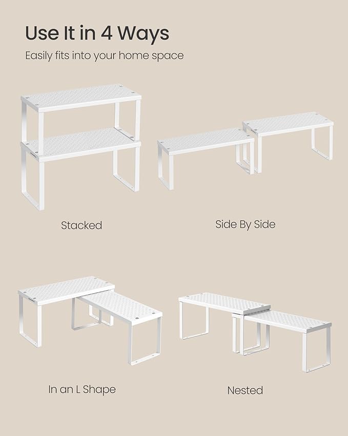 SONGMICS Spice Racks, Set of 2 Metal Cabinet Shelf Organizers, Countertop Organizers, Shelf Risers, Stackable, Expandable, White UKCS003W01