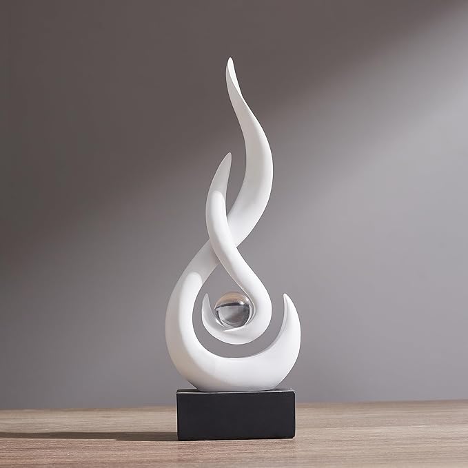 AWNR Abstract White Sculpture Decor: Flame Statue with Glass Ball Resin Art Figurines Unique Centerpiece Table Decorations Modern Home Decor Living Room TV Stand Coffee Table Office Decor