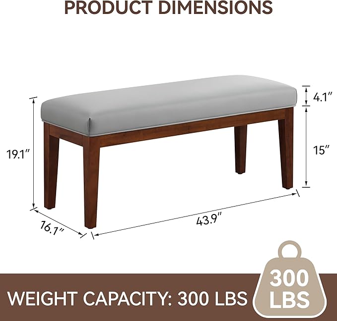 43.5'' Faux Leather Bedroom Bench, Upholstered End of Bed Bench, Padded Vintage Dining Bench, Entryway Bench with Solid Wood Legs, Kitchen, Living Room, Hallway, Grey
