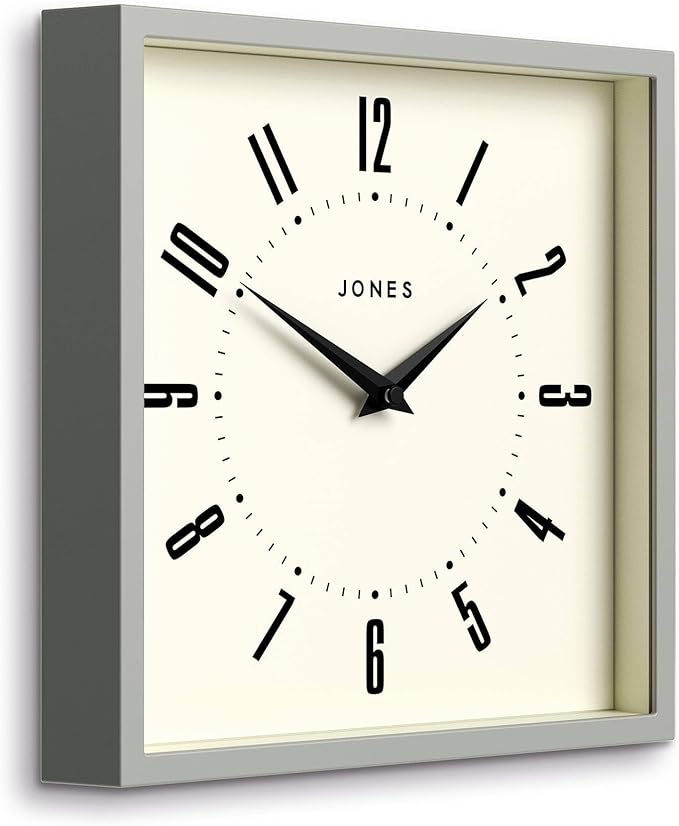 JONES CLOCKS® Box Wall Clock | Retro Square | 25cm | Gray | Easy to Read Numbers | Perfect Kitchen or Office Clock