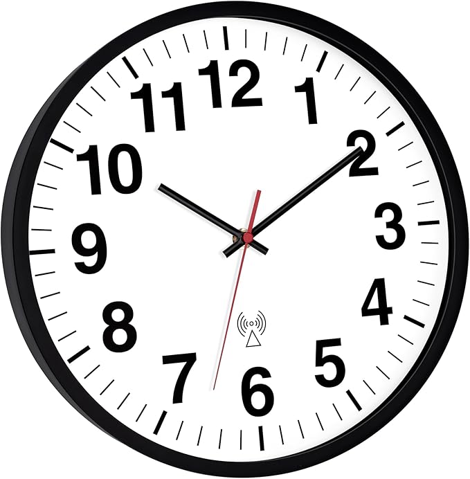 Foxtop Atomic Analog Wall Clock 12 Inch Battery Operated Round Modern Wall Clock Sets Automatically for Office Classroom Bedroom Kitchen Living Room (Black)