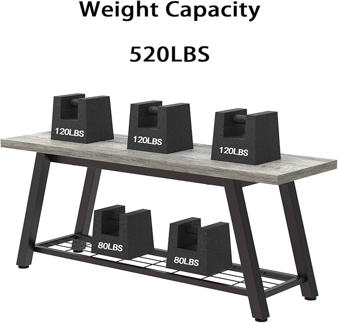 Grey Storage Bench Industrial Rustic Wooden and Metal Entryway Shoe Boots Storage Rack Long Bench Seat for Hallway Bedroom Rustic Farmhouse Style