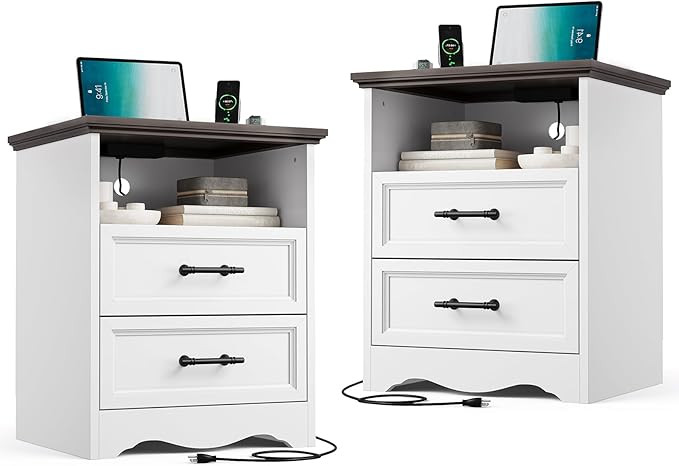 Set of 2 Farmhouse Nightstands with Charging Station, End Tables with 2 Drawers Storage, Space-Saving Wood Storage Cabinets with Unique Base Design, Bedside Tables for Bedroom, Living Room, White