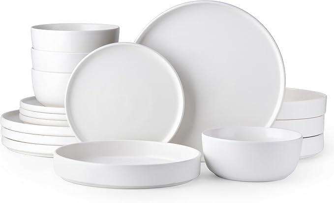 AmorArc Stoneware Dinnerware Sets with Pasta Bowl Set, Reactive Ceramic Plates and Bowls Set, Highly Chip and Crack Resistant | Dishwasher & Microwave Safe | Round Dishes Set Service for 4 (16pc)