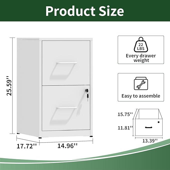 File Cabinet, Vertical File Cabinets with Lock for Home Office,Heavy Duty Office Steel Filing Cabinet for Hanging Letters/Legal/A4, Assembly Required (White, 2 Drawers-Small)