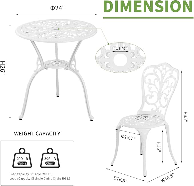 Patio Bistro Sets, Cast Aluminum Bistro Table and Chairs Set of 2 with Umbrella Hole, Bistro Set 3 Piece Outdoor, Metal Patio Furniture Set for Garden Porch, White