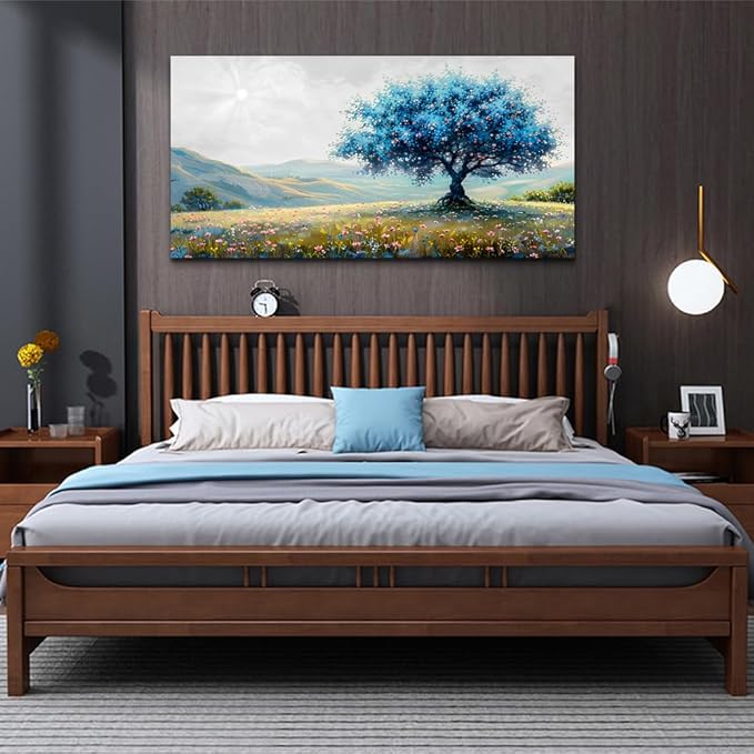 FUHAIHUA Large Wall Decor For Living Room Canvas Wall Art For Office Modern Wall Decorations For Bedroom Pastoral Landscape Painting Blue Tree Pictures Artwork Room Aesthetic Home Decor 24x48 In