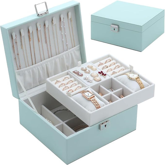 Jewelry Organizer Box for Women,Large Genuine Leather Jewelry Organizers and Storage with Earring Holder Organizer Removable Velvet Jewelry Tray,Christmas Gifts for Mom,Green