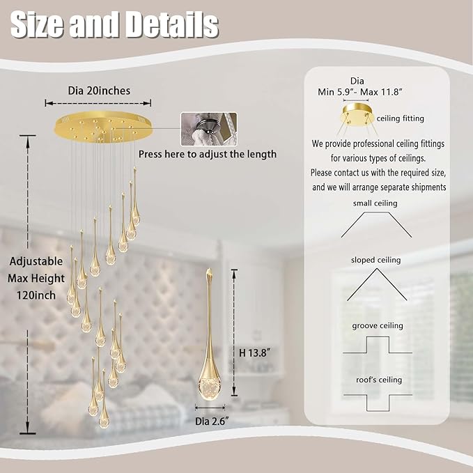 120'' Long Spiral Crystal Chandeliers 16-Lights Gold Bubble Raindrop Crystal Pendant Chandelier Staircase Slanted Ceiling Loft Fixtures LED Dimmable 2700-6000K