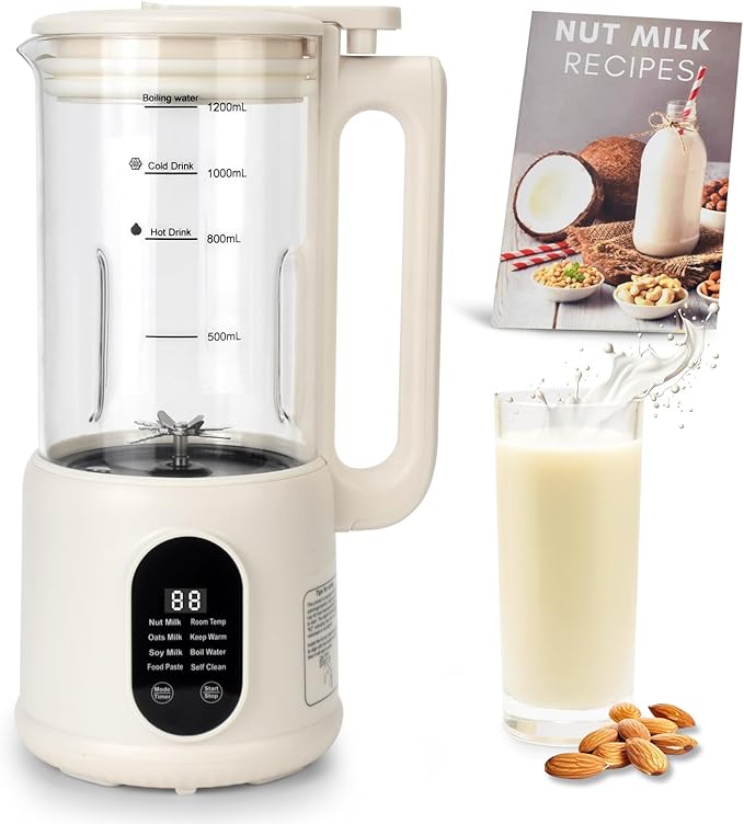 Nut Milk Maker, 8 in 1 Homemade Automatic Plant-Based Milk, Soy Milk, Oat Milk, Almond Milk, Coconut Milk & More, Multifunctional/12 Hours Timer/Auto-Clean/Room Temp/Keep Warm/Boil/Room Temp/Low-Noise