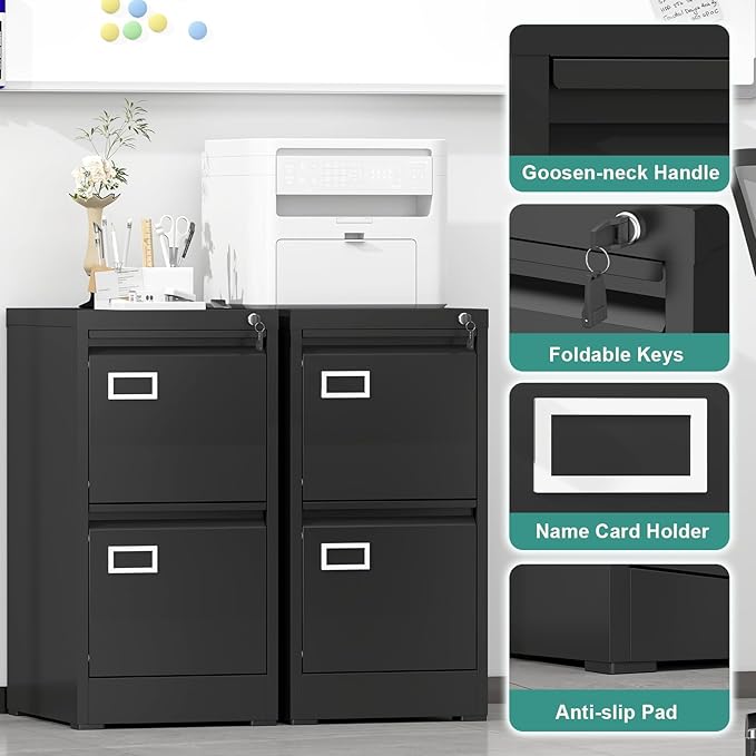 GREATMEET 2 Drawer File Cabinet with Lock, Small Metal File Cabinets for Home Office 2 Drawer, Black Vertical Filing Cabinets for Letter/Legal/A4/F4 Size File,Assembly Require