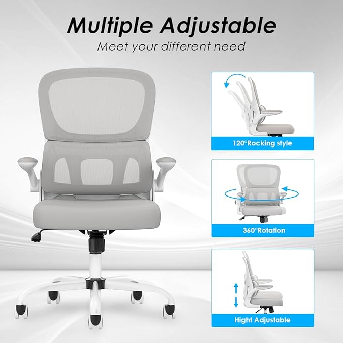 Soohow Office Chair, Mesh Ergonomic Office Chair with Lumbar Support, Comfy Computer Desk Chair with Flip Armrest Rolling Wheels for Home Study Room Office, White & Gray