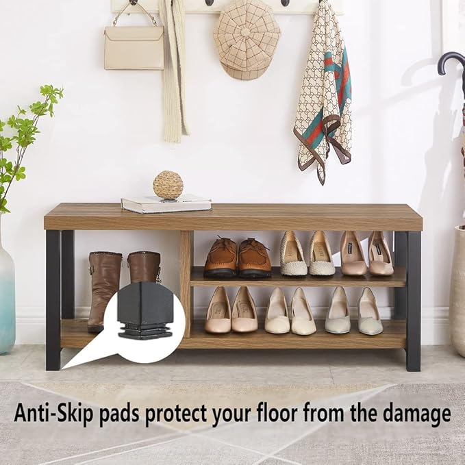 FOLUBAN Shoe Bench for Entryway, Wood and Metal Indoor Bench with Shoe Storage and Seating for Bedroom, Hallway, Living Room, Rustic Oak, 43.3 Inch