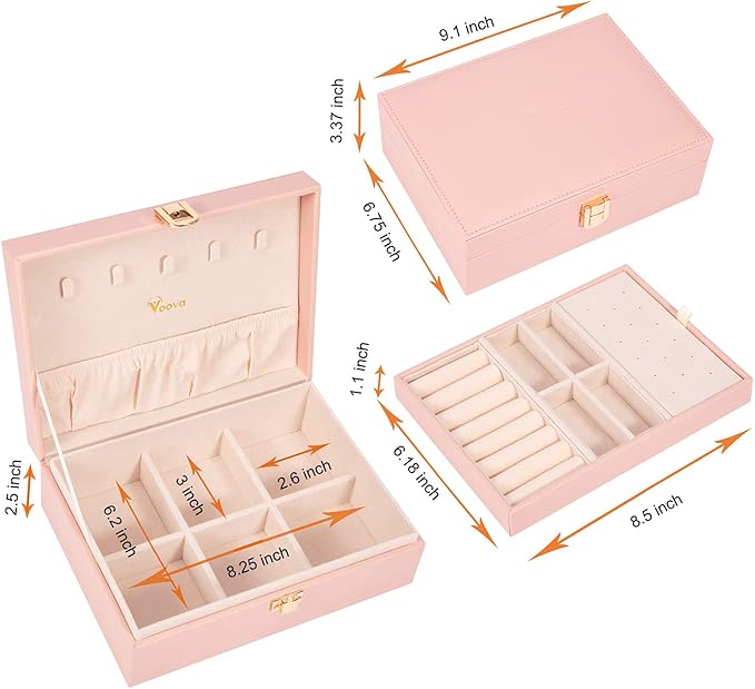 Voova Jewelry Box Organizer for Women Girls, 2 Layer Large Men Jewelry Storage Case, PU Leather Display Jewellery Holder with Removable Tray for Necklace Earrings Rings Bracelets, Vintage Gift, Pink