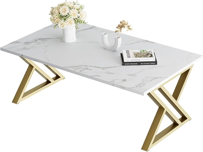 Coffee Table Living Room Table White Center Table, Simple Modern Faux Marble Rectangular Tea Tables with Sturdy Gold Metal Frame,Industrial Wooden Coffee Table for Bedroom Home Office
