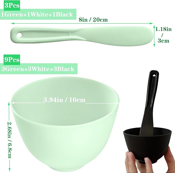 12Pcs Face Mask Mixing Bowl DIY Silicone Facial Mask Bowl for Home Salon Spa Face Skin Applicator Bowl with Stir Sticks, Black,White,Green