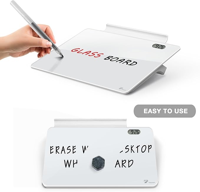 Small Glass Desk Whiteboard Dry-Erase Board with Clock, Small Travel Clock Keychain with Desk Notepad, Time Table Whiteboard for Desk Digital LED Light Display, 8x6 in with Accessories, White