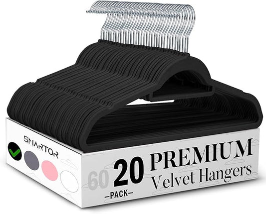 Smartor Black Velvet Hangers 20 Pack, Space Saving Clothes Hangers with Tie Bar, Non-Slip Felt Hanger with Shoulder Notches, Heavy Duty Suit Hanger for Coat, Shirt, Pants, Dress