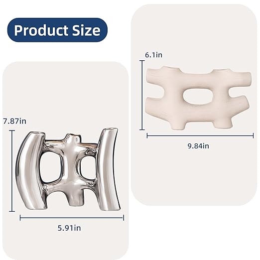 Silver Vases Home Decor, Irregular Ceramic Flower Vase, Wabi Sabi Decor Handmade Vase, Coffee Table Decor for Bedroom, Office, Living Room, Bathroom, Chrome Decorations