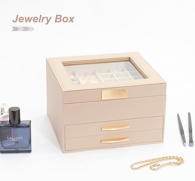 Jewelry Storage Box with Glasses Lid, 3-Tiers Jewelry Organizer Box for Women Girls, Jewelry Case for Rings, Bracelets Earrings, Necklaces (Apricot)