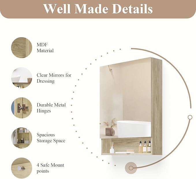 Bathroom Medicine Cabinet Mirror, 32" x 24" Bathroom Mirror with Storage, Medicine Cabinet Organizer with Single Door for Laundry Room, Entryway